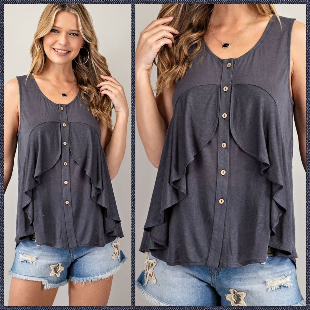 EASEL Button Down Flowy Tunic Top Ruffle Detail Front Pleated Back - Picture 6 of 14